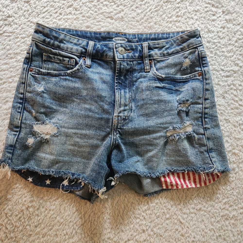 Old Navy OG Short High Rise Distressed Denim Cutoffs Americana Stars Stripes 6